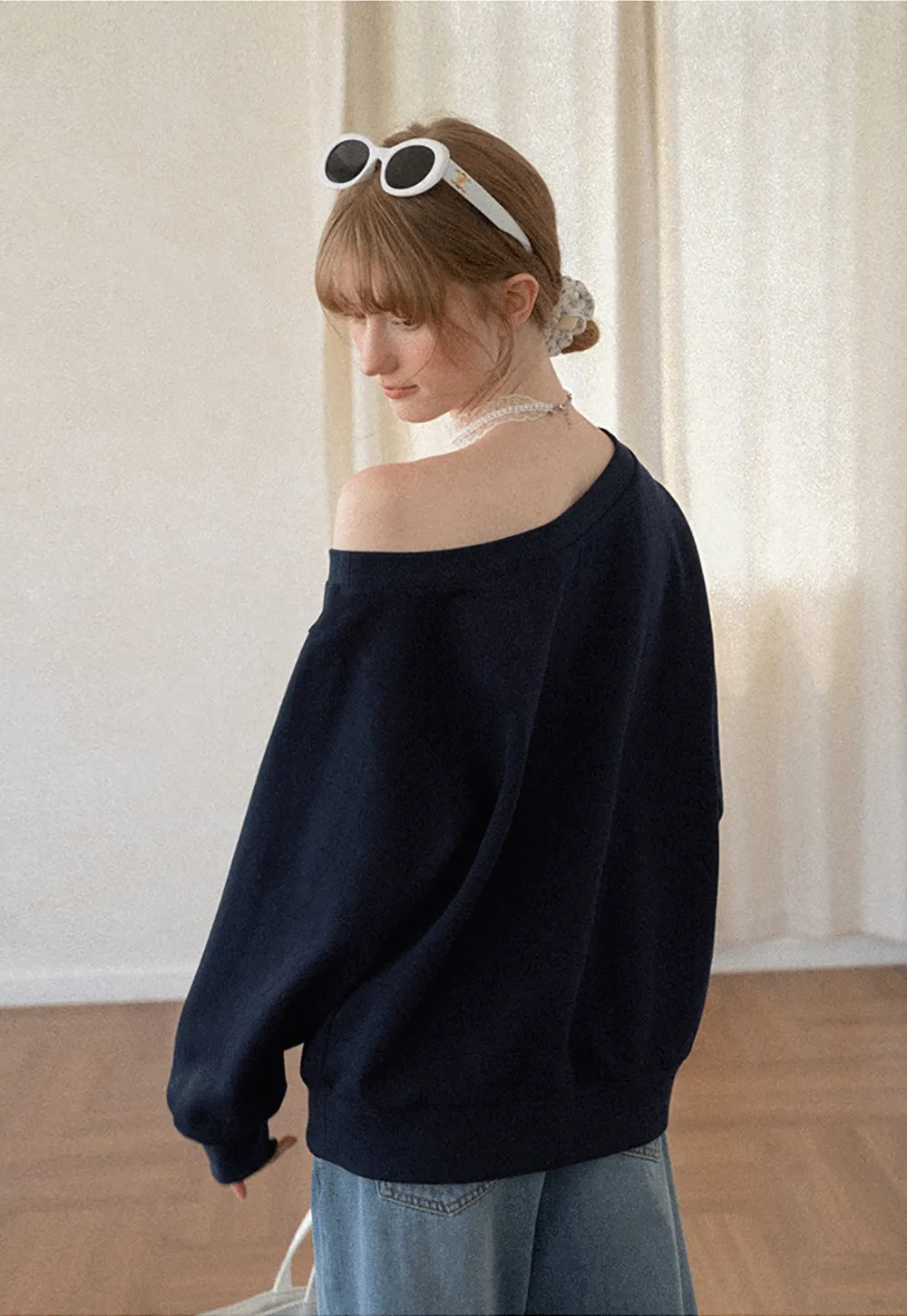 Off Shoulder Sweatshirt with Embroidered Script Design