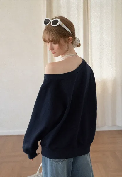 Off Shoulder Sweatshirt with Embroidered Script Design
