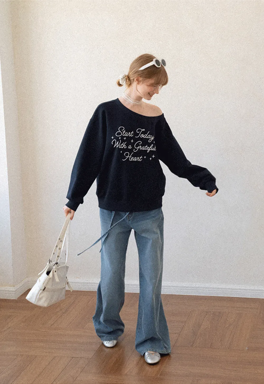 Off Shoulder Sweatshirt with Embroidered Script Design