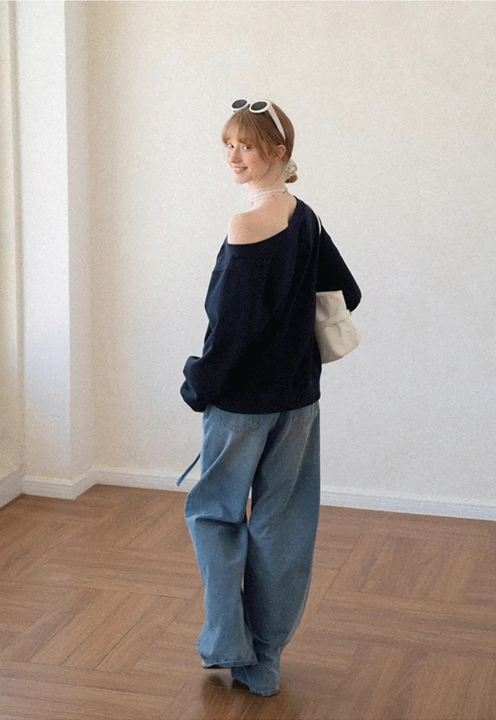 Off Shoulder Sweatshirt with Embroidered Script Design