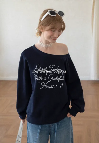 Off Shoulder Sweatshirt with Embroidered Script Design