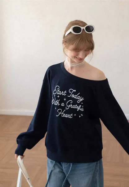 Off Shoulder Sweatshirt with Embroidered Script Design
