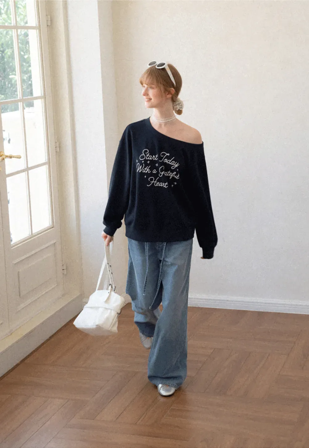Off Shoulder Sweatshirt with Embroidered Script Design