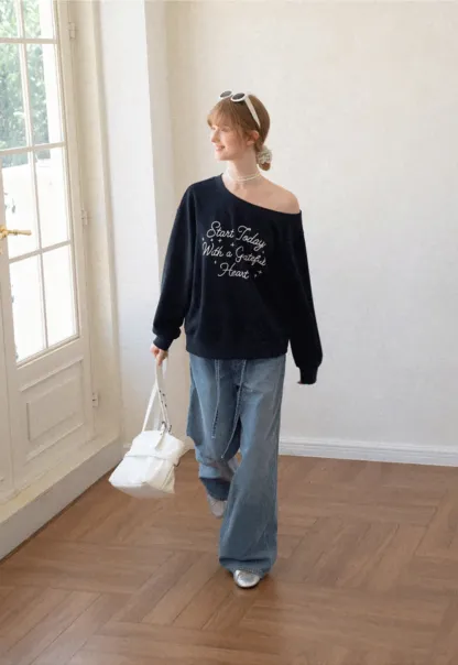 Off Shoulder Sweatshirt with Embroidered Script Design