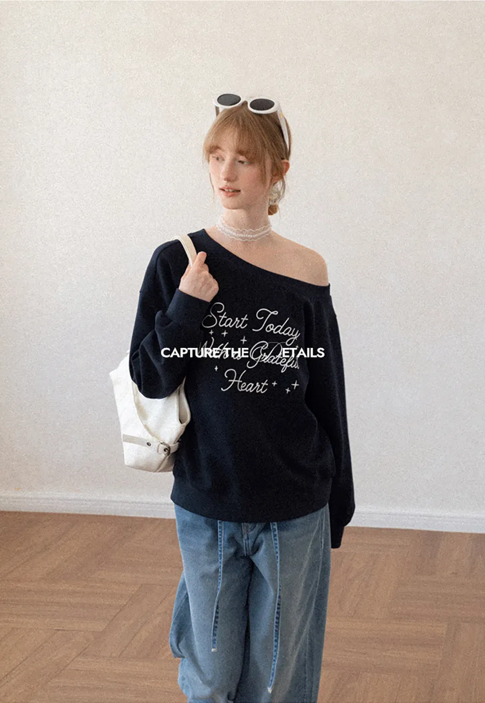 Off Shoulder Sweatshirt with Embroidered Script Design