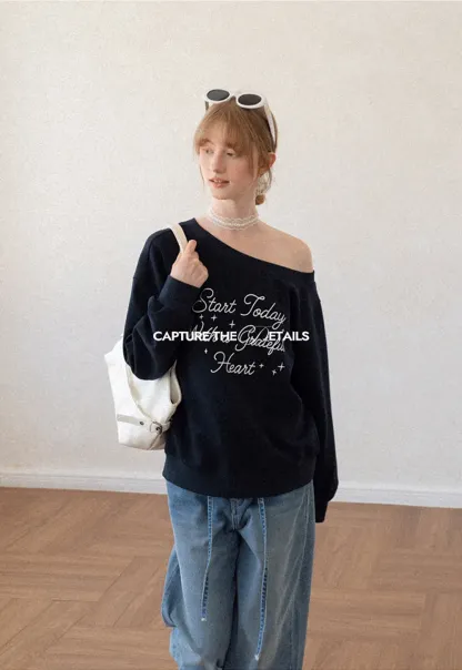 Off Shoulder Sweatshirt with Embroidered Script Design