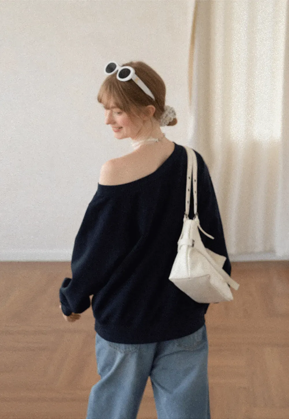 Off Shoulder Sweatshirt with Embroidered Script Design