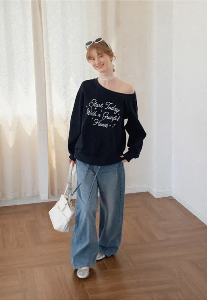 Off Shoulder Sweatshirt with Embroidered Script Design