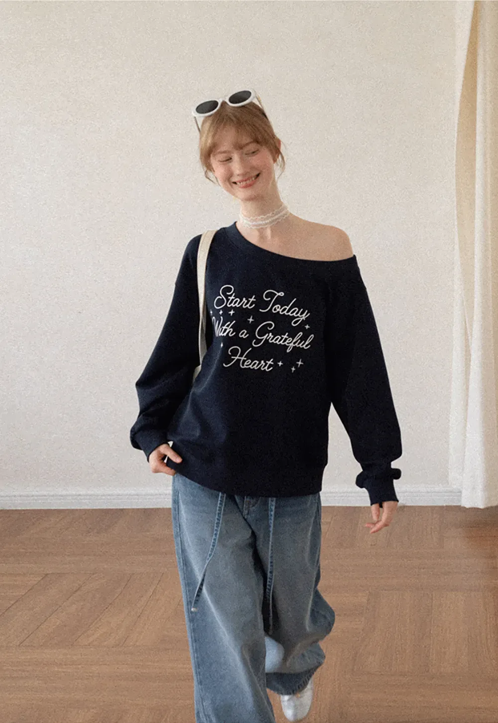 Off Shoulder Sweatshirt with Embroidered Script Design