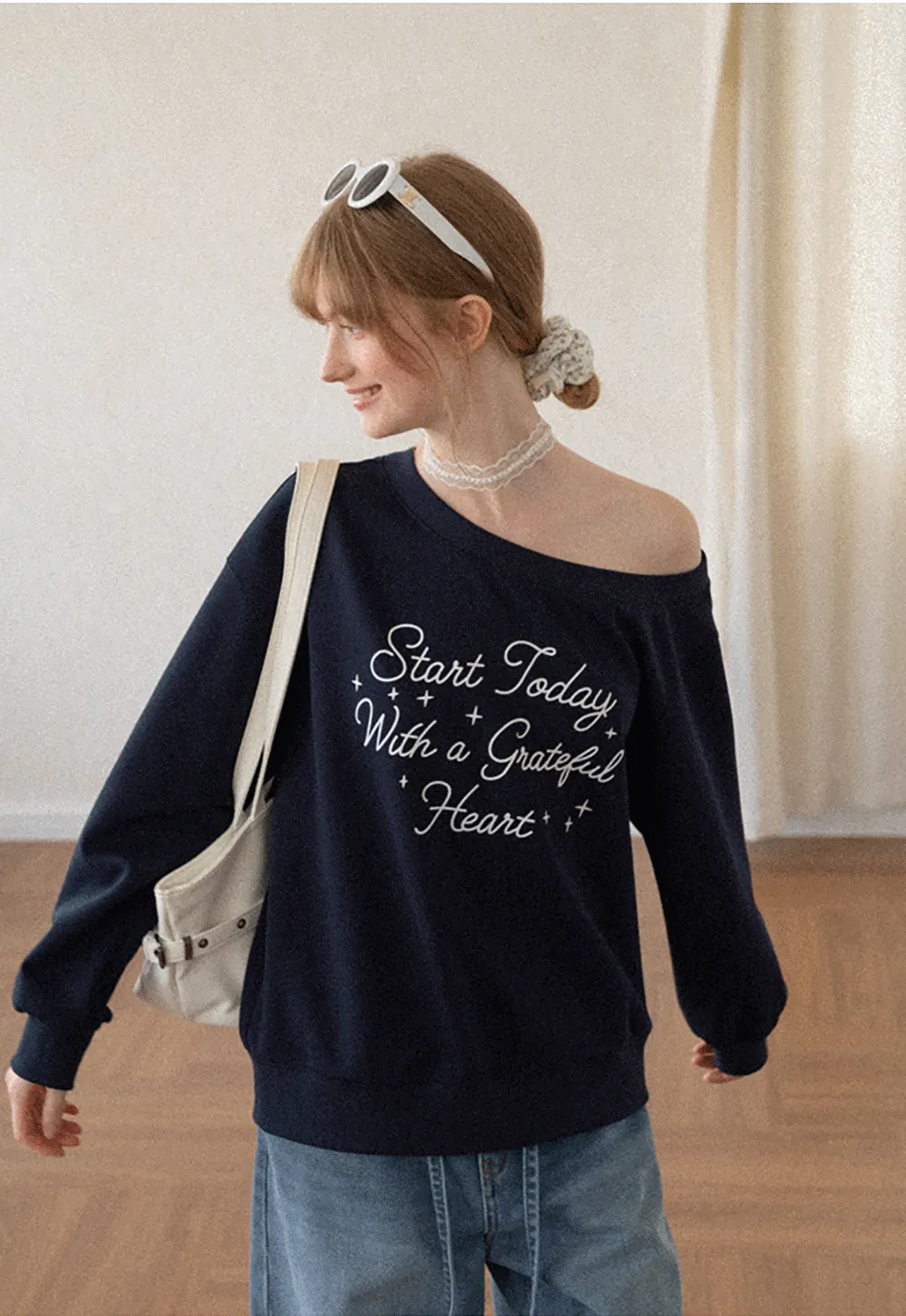 Off Shoulder Sweatshirt with Embroidered Script Design