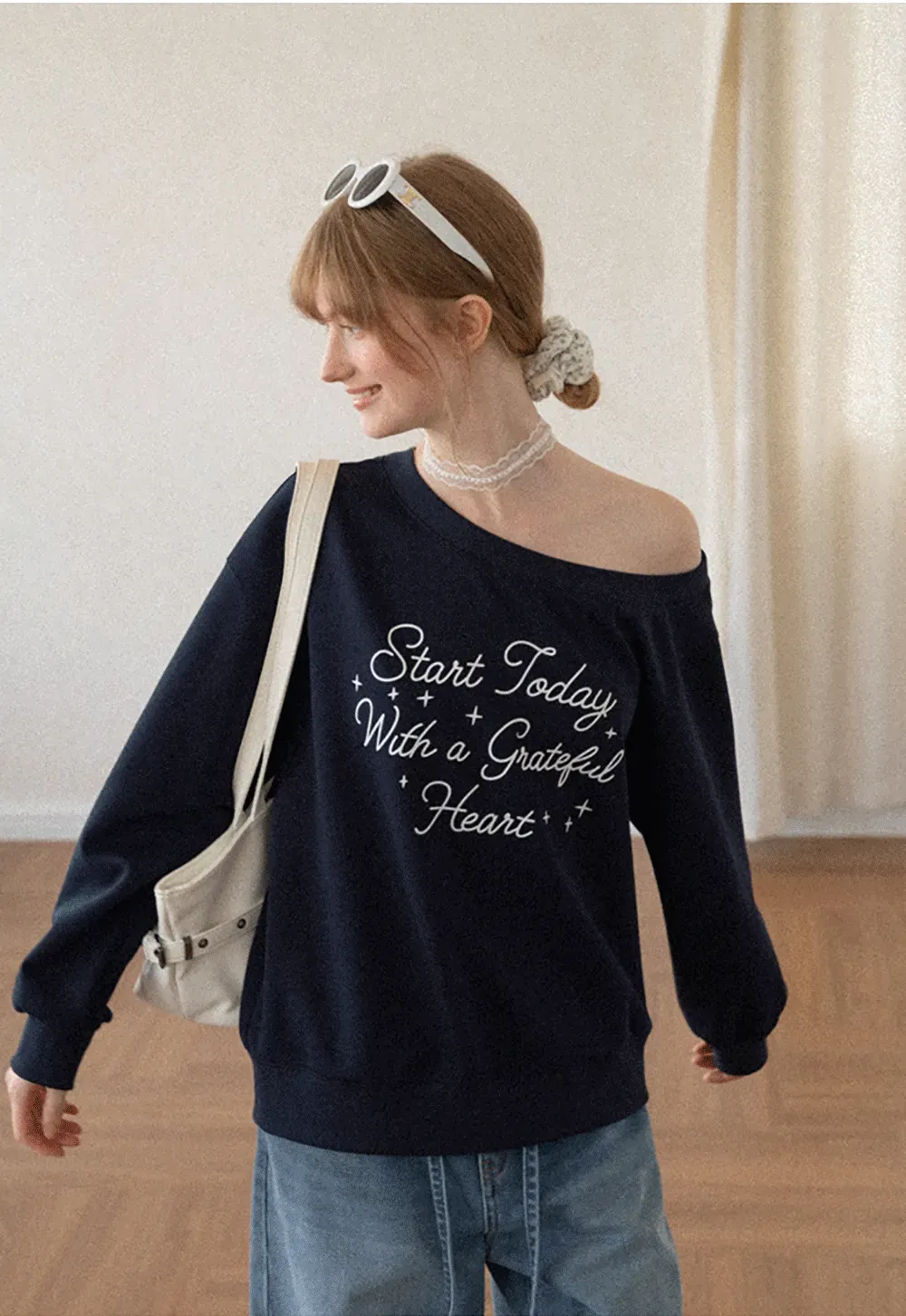 Off Shoulder Sweatshirt with Embroidered Script Design