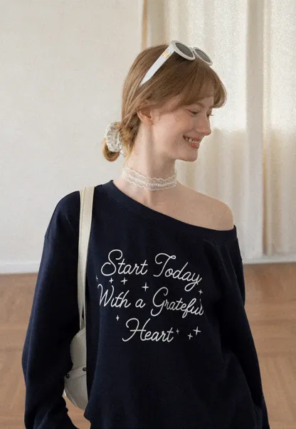 Off Shoulder Sweatshirt with Embroidered Script Design