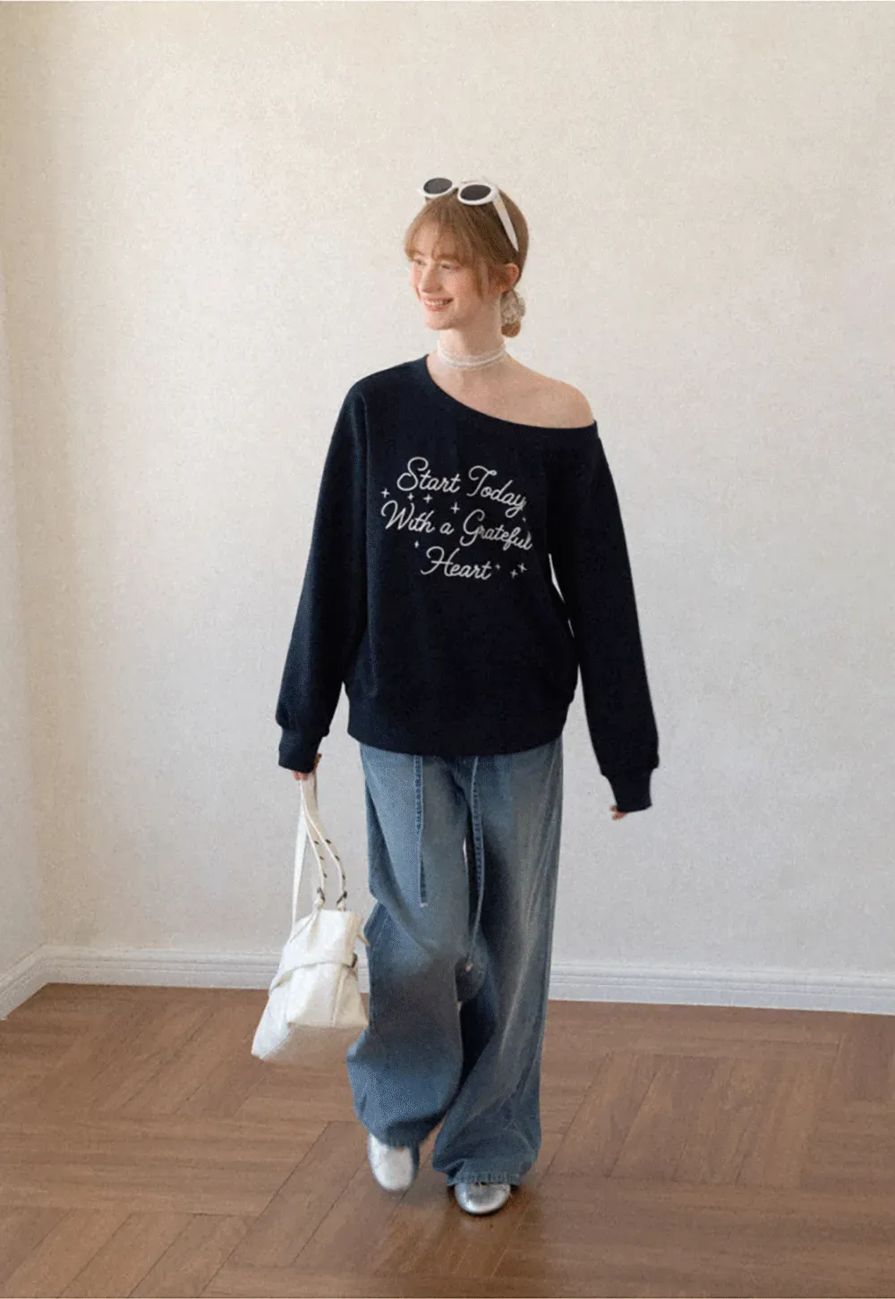 Off Shoulder Sweatshirt with Embroidered Script Design