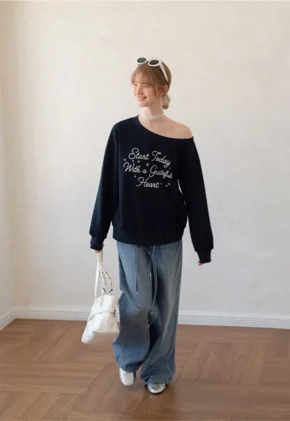 Off Shoulder Sweatshirt with Embroidered Script Design