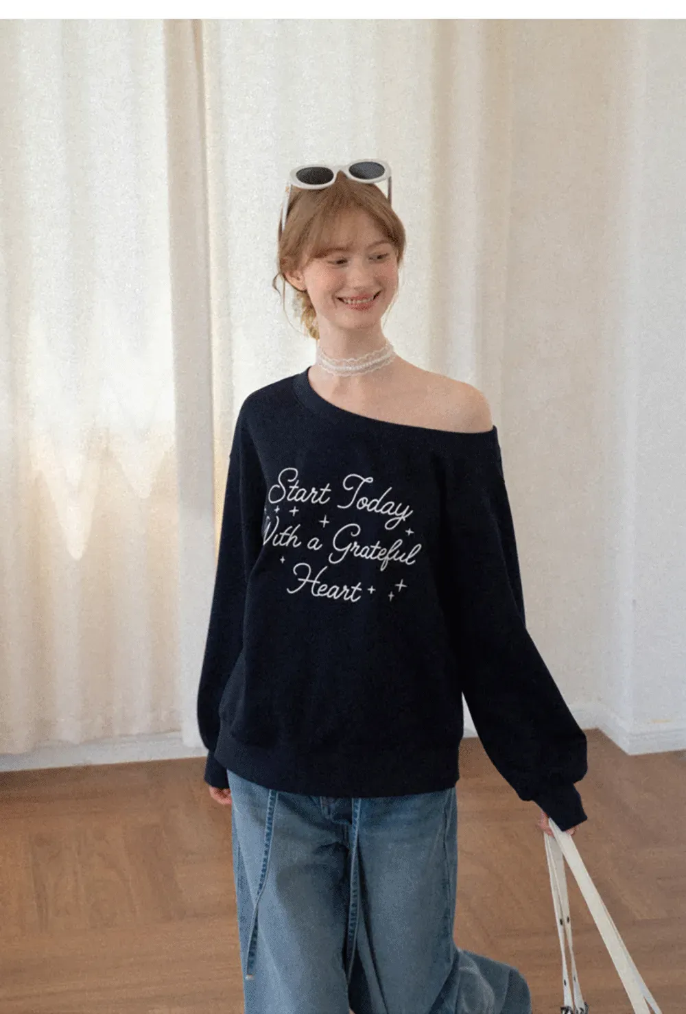 Off Shoulder Sweatshirt with Embroidered Script Design