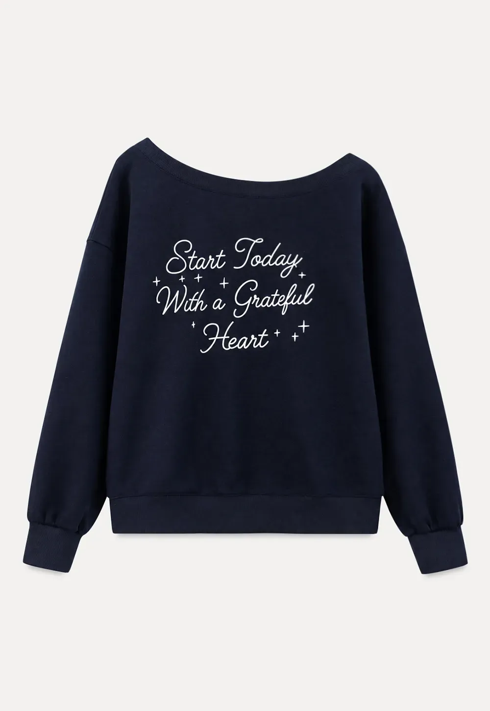 Off Shoulder Sweatshirt with Embroidered Script Design