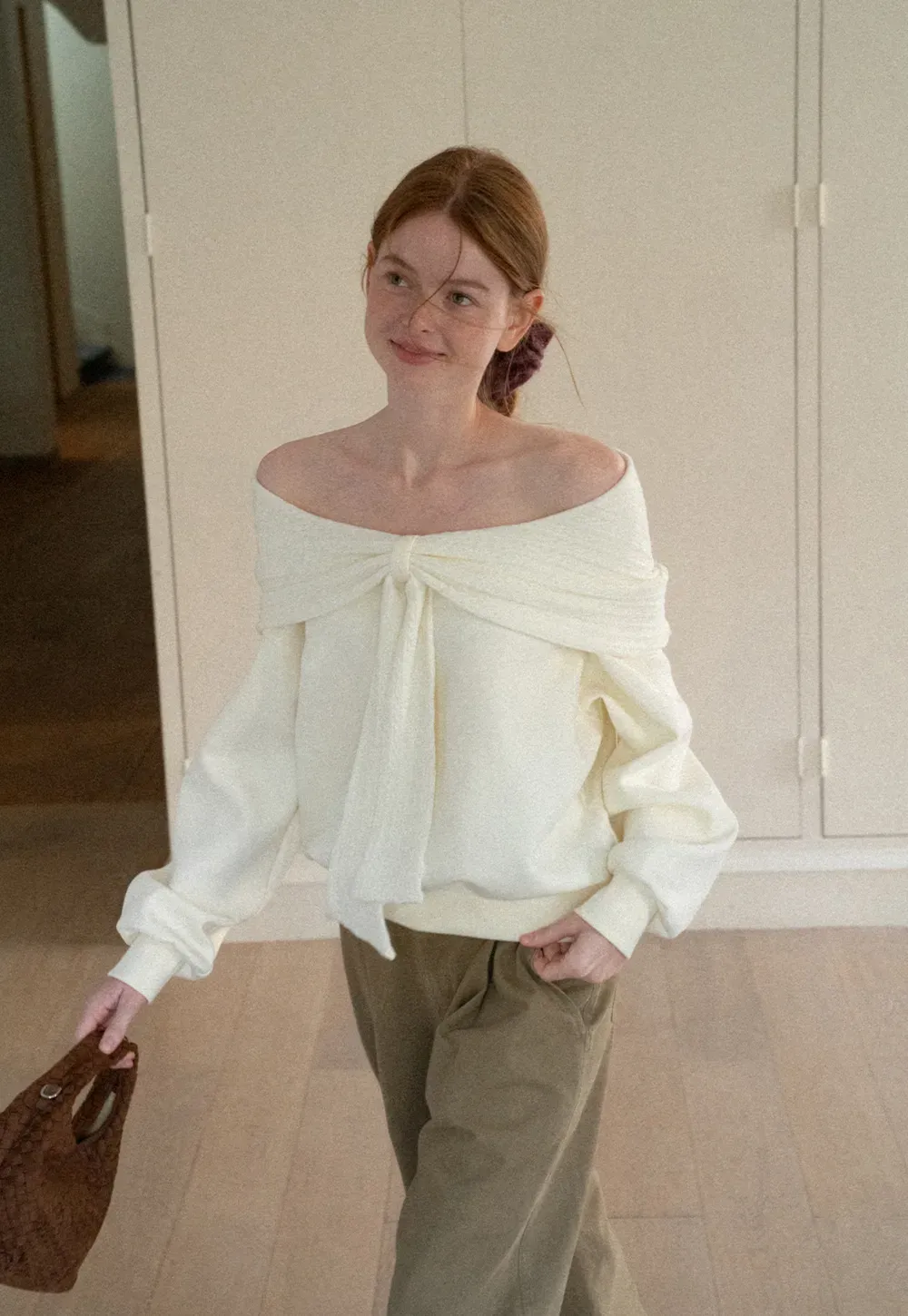 Off Shoulder Bow Front Knit Sweater