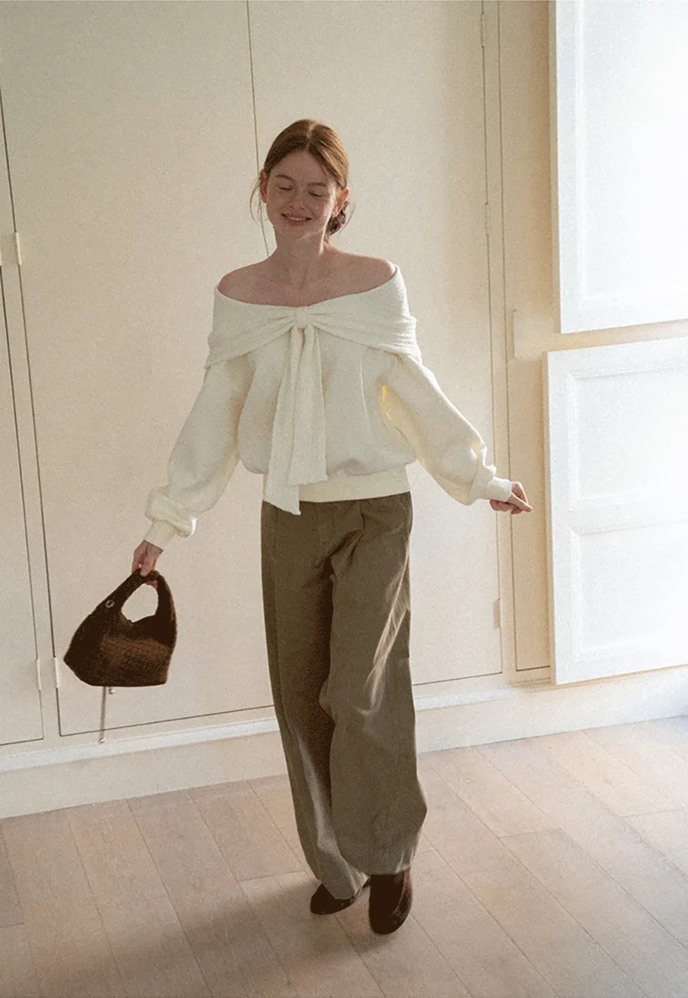 Off Shoulder Bow Front Knit Sweater