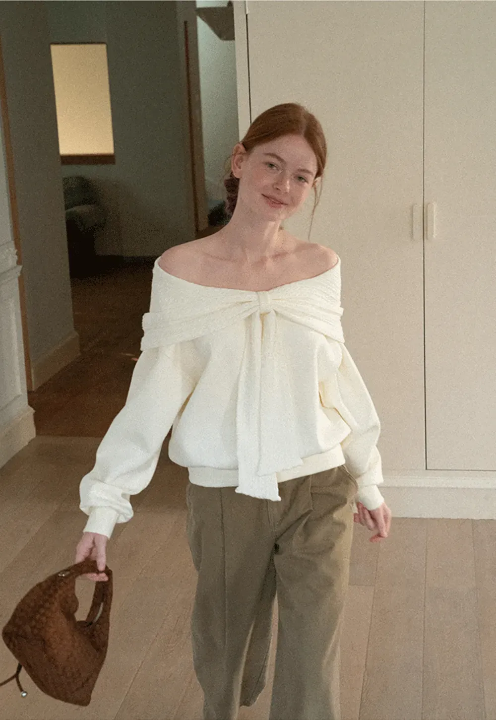 Off Shoulder Bow Front Knit Sweater