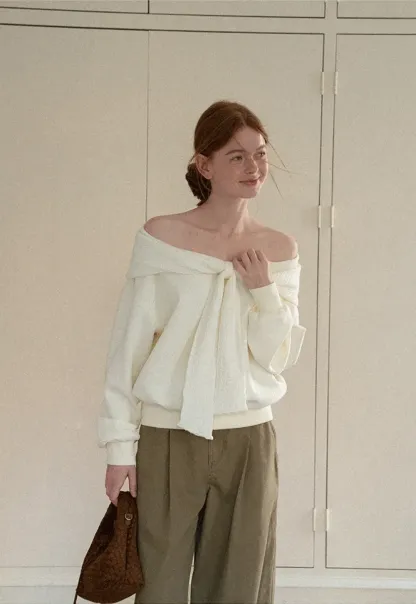 Off Shoulder Bow Front Knit Sweater