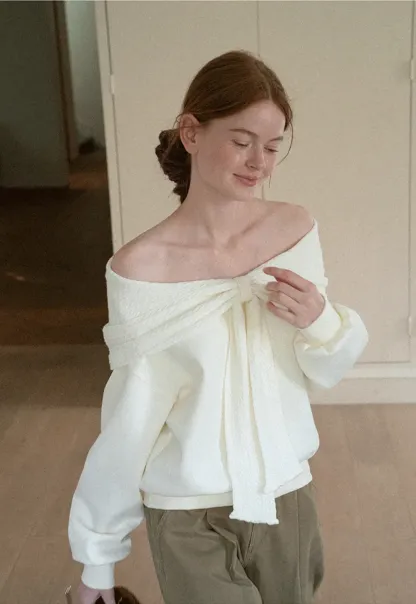 Off Shoulder Bow Front Knit Sweater
