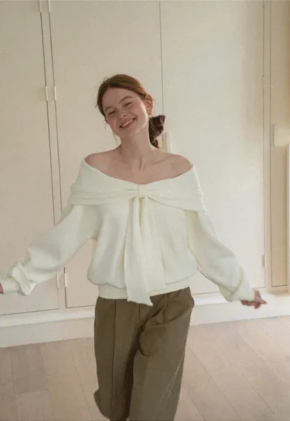 Off Shoulder Bow Front Knit Sweater