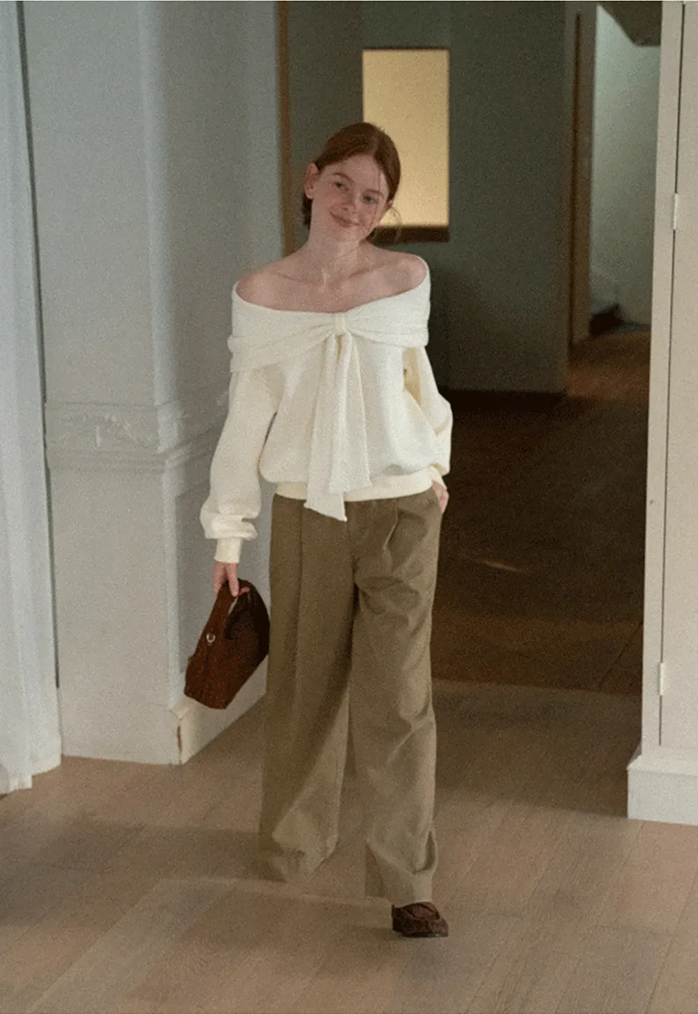 Off Shoulder Bow Front Knit Sweater