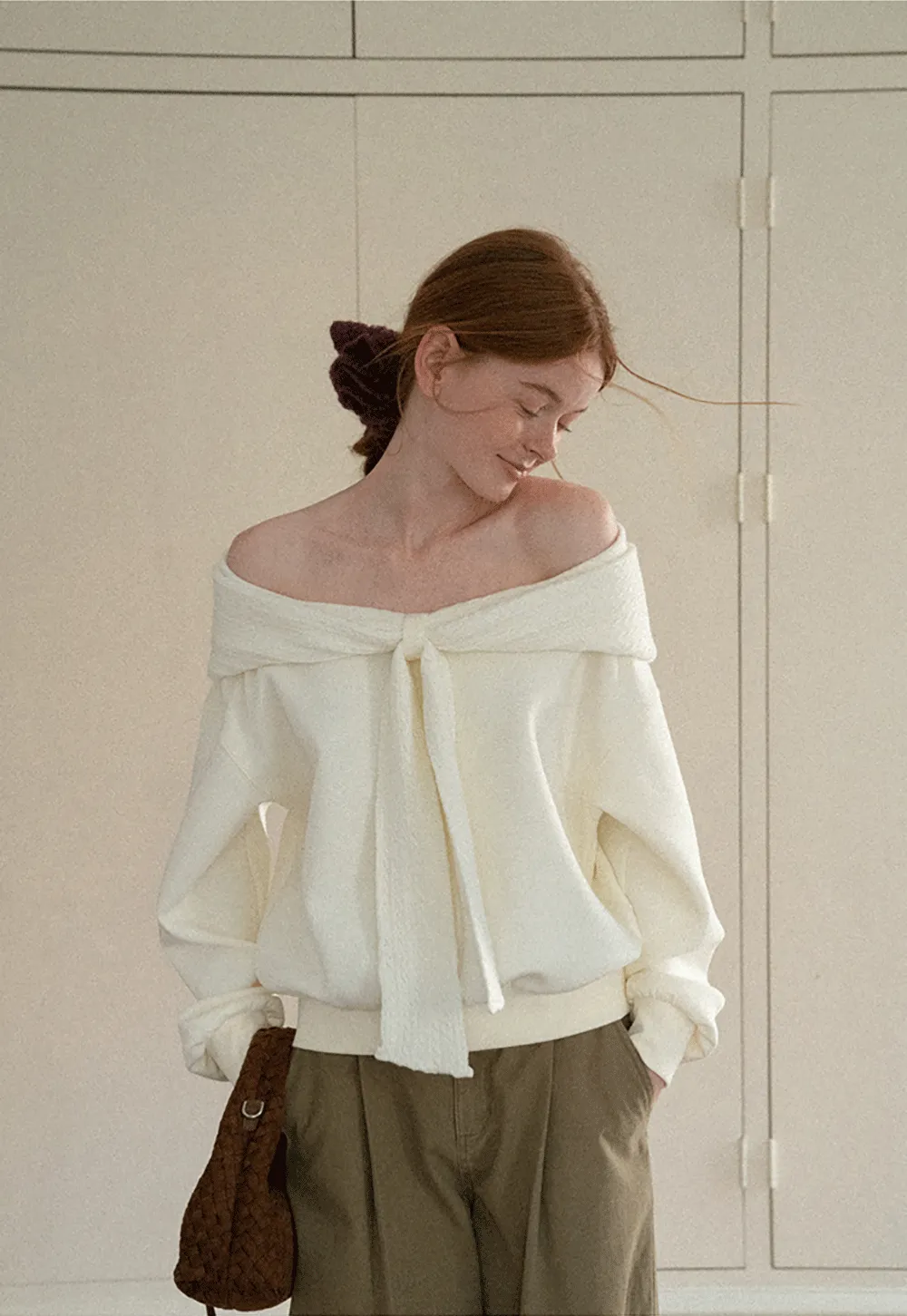 Off Shoulder Bow Front Knit Sweater