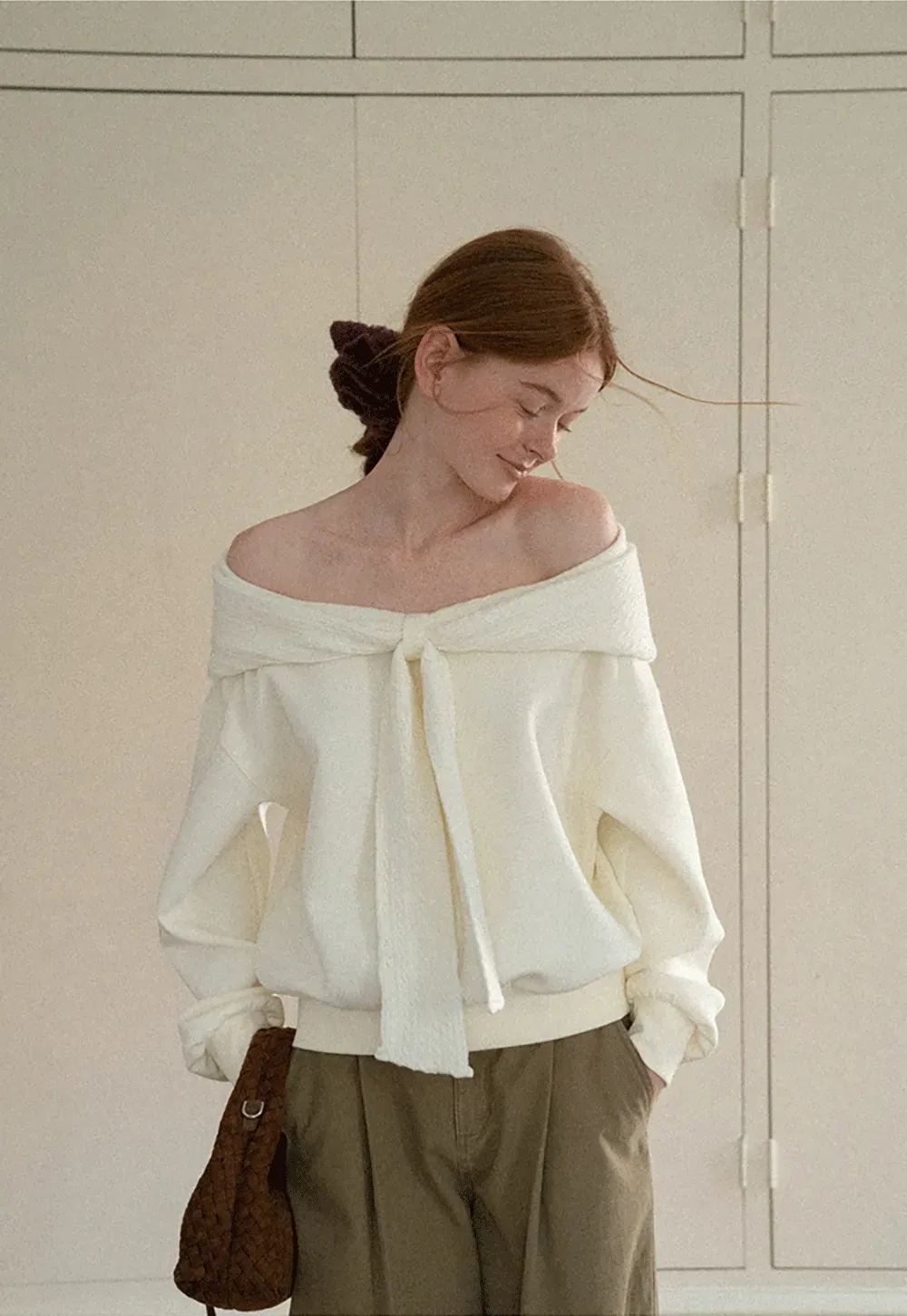 Off Shoulder Bow Front Knit Sweater
