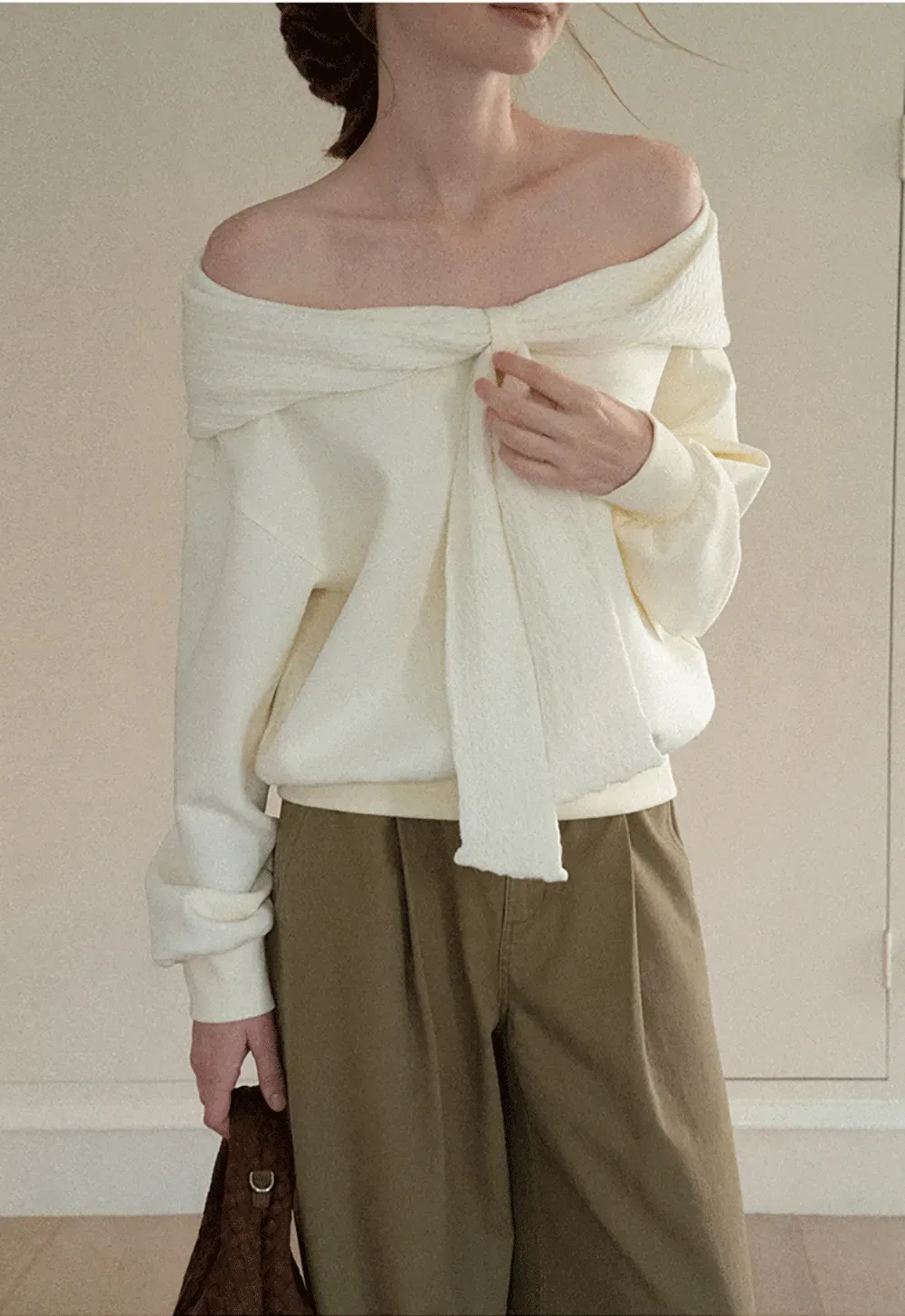 Off Shoulder Bow Front Knit Sweater