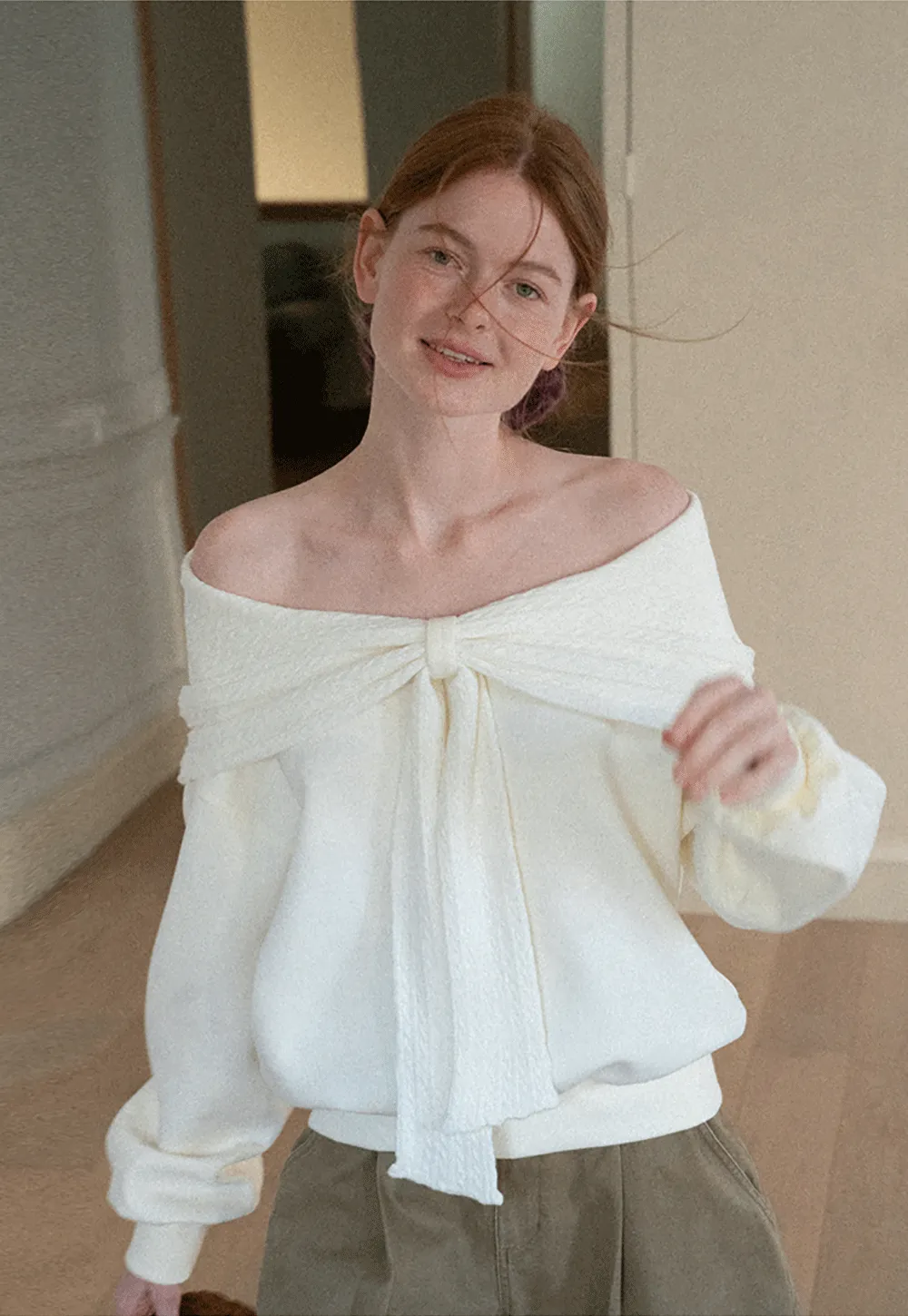 Off Shoulder Bow Front Knit Sweater
