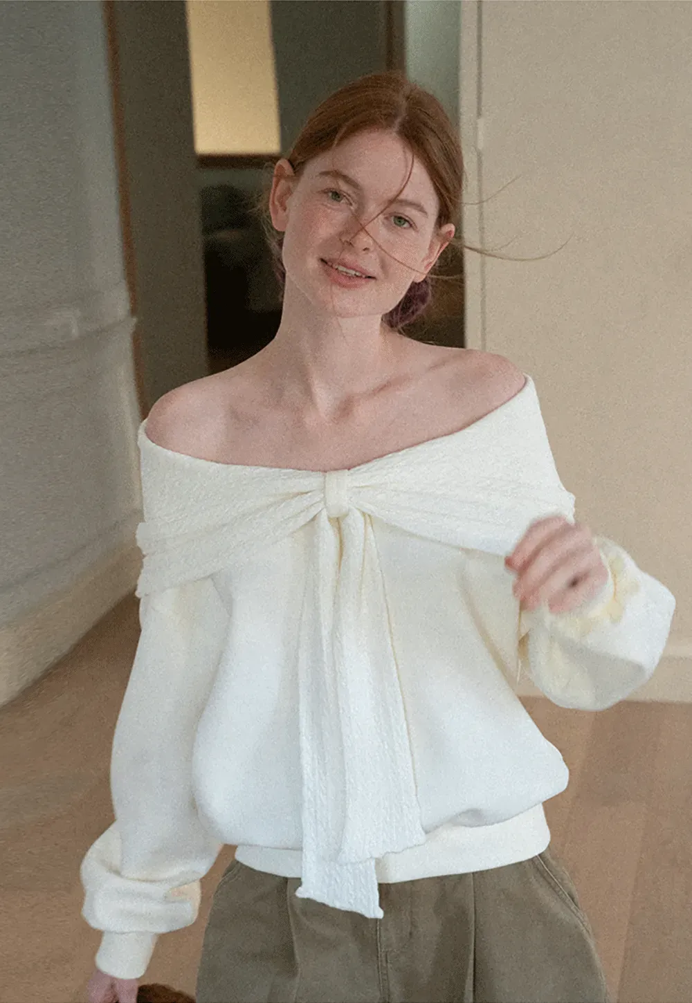 Off Shoulder Bow Front Knit Sweater