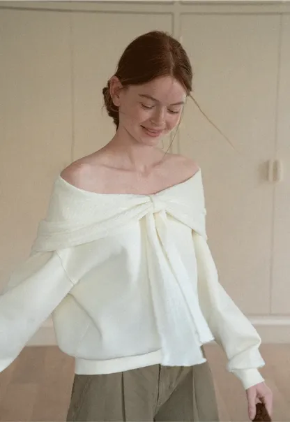 Off Shoulder Bow Front Knit Sweater
