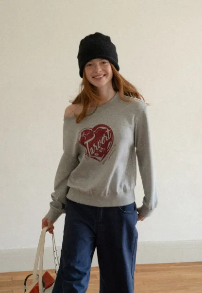 Off Shoulder Sweatshirt with Heart Graphic Print