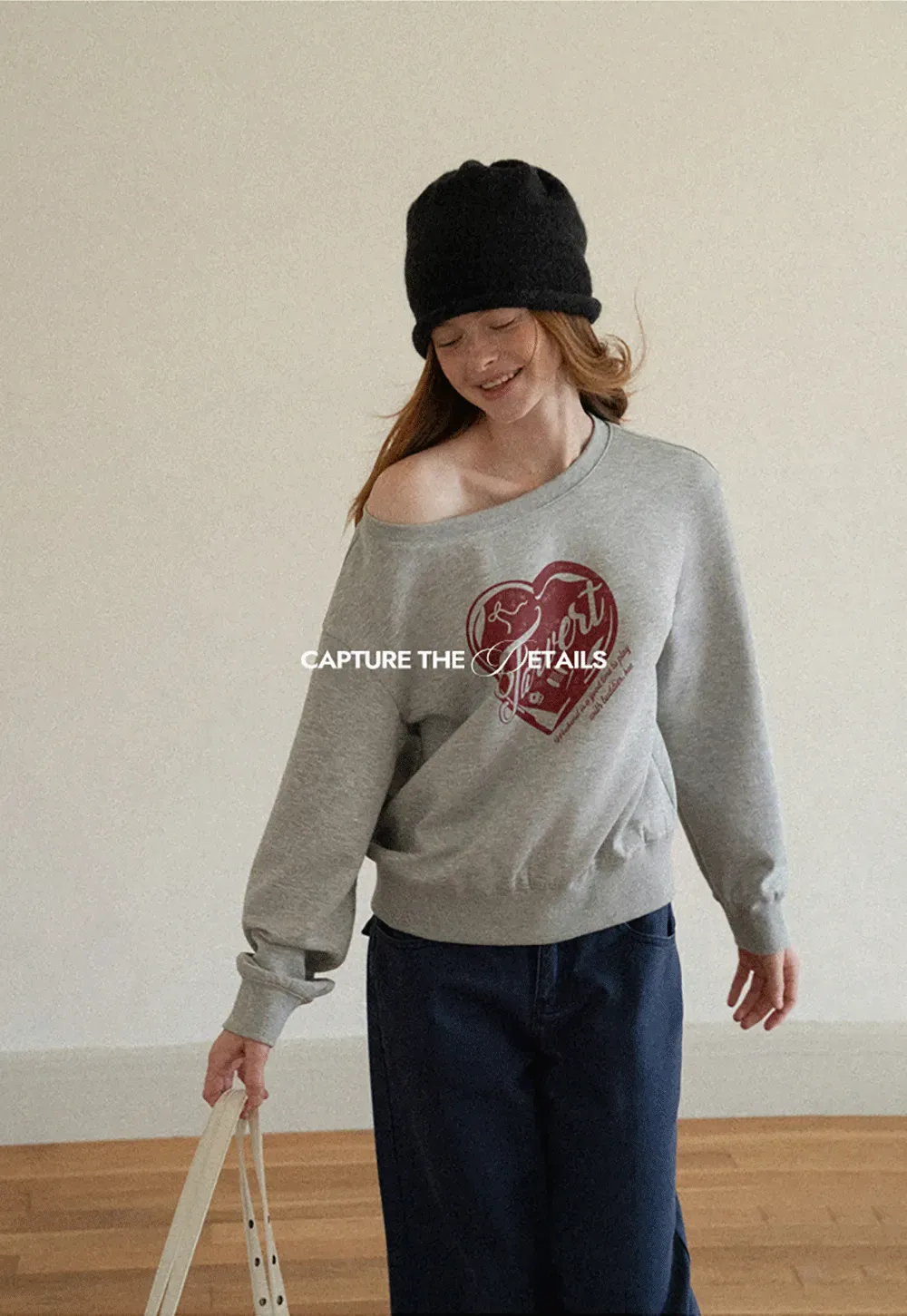 Off Shoulder Sweatshirt with Heart Graphic Print
