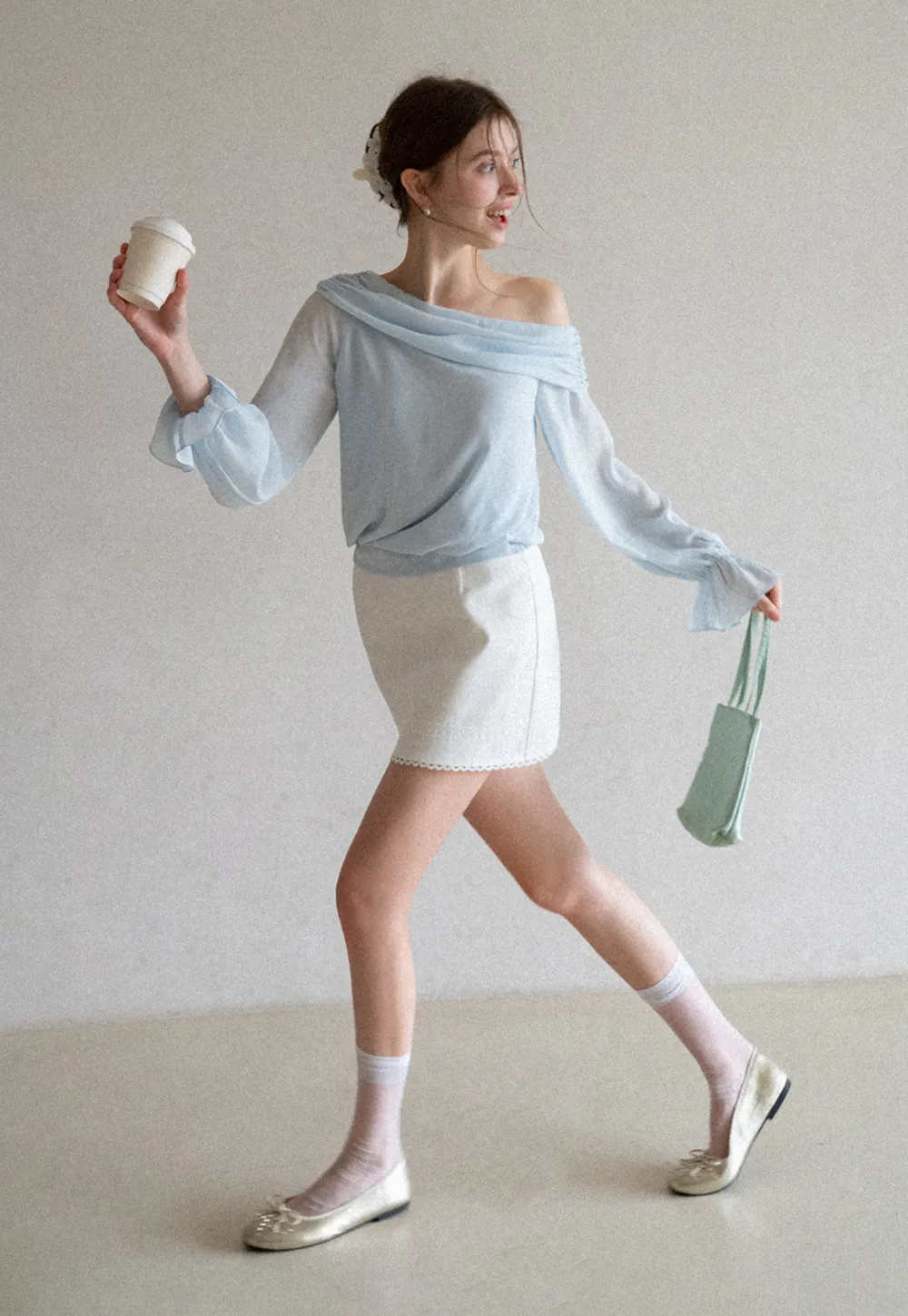 Off Shoulder Lace Chiffon Blouse with Ruffled Sleeves