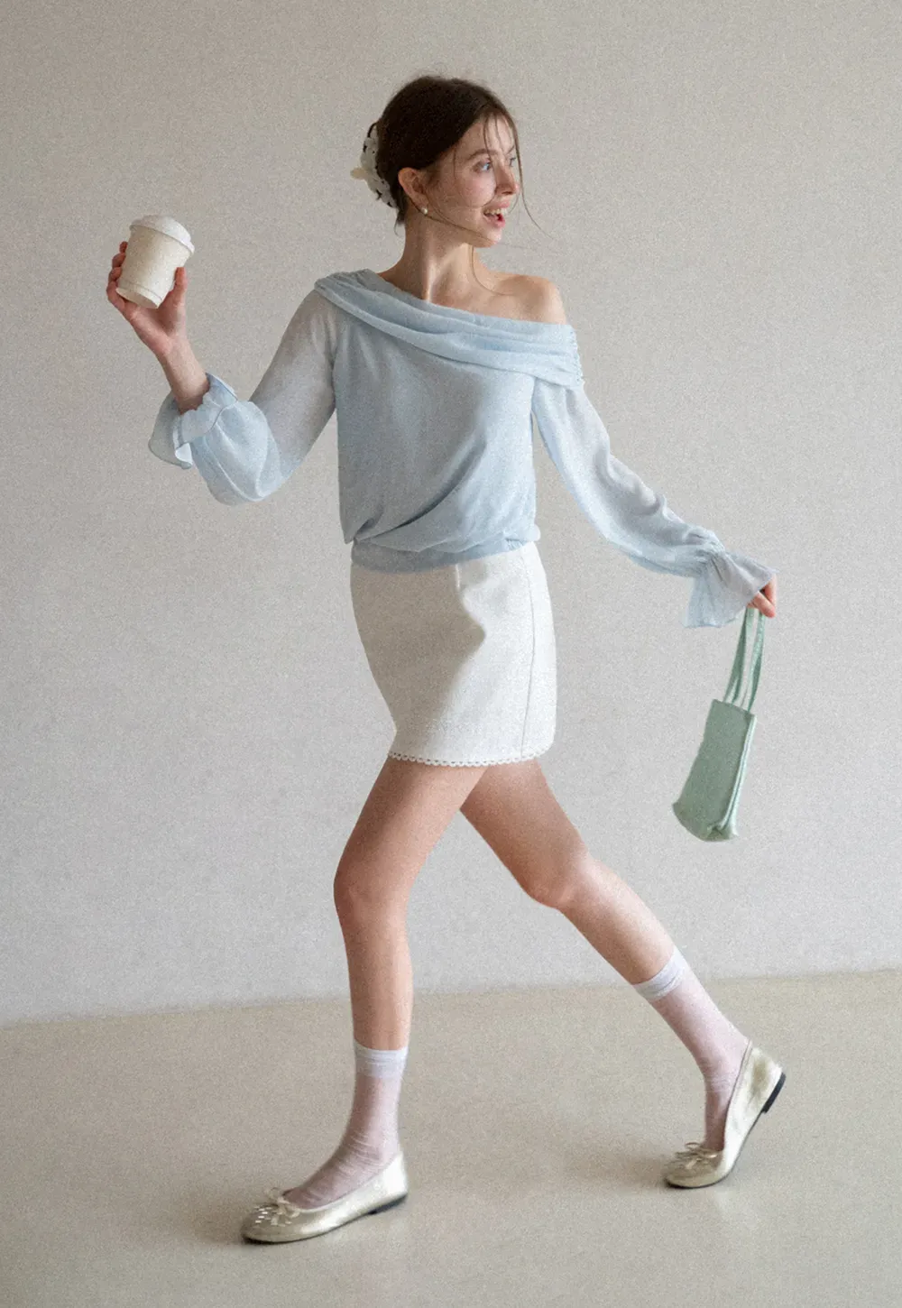 Off Shoulder Lace Chiffon Blouse with Ruffled Sleeves