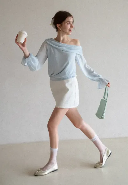 Off Shoulder Lace Chiffon Blouse with Ruffled Sleeves