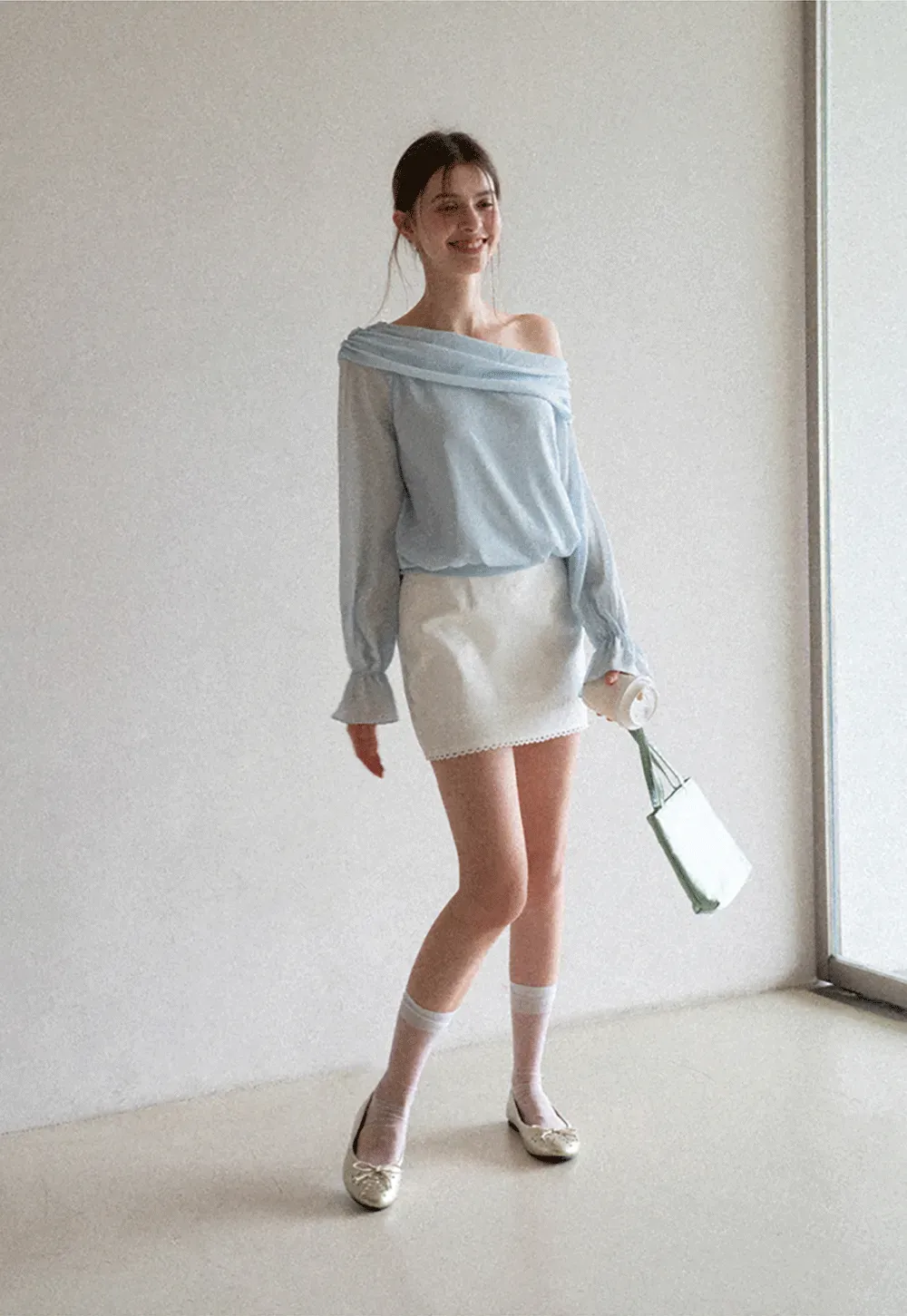 Off Shoulder Lace Chiffon Blouse with Ruffled Sleeves