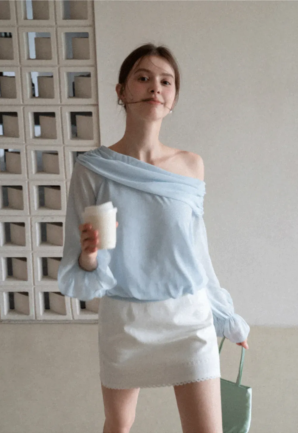 Off Shoulder Lace Chiffon Blouse with Ruffled Sleeves