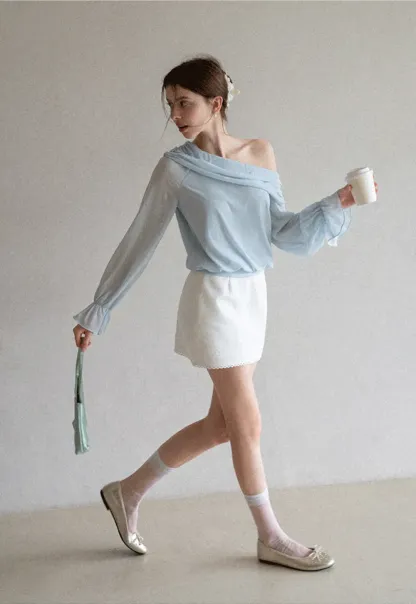 Off Shoulder Lace Chiffon Blouse with Ruffled Sleeves