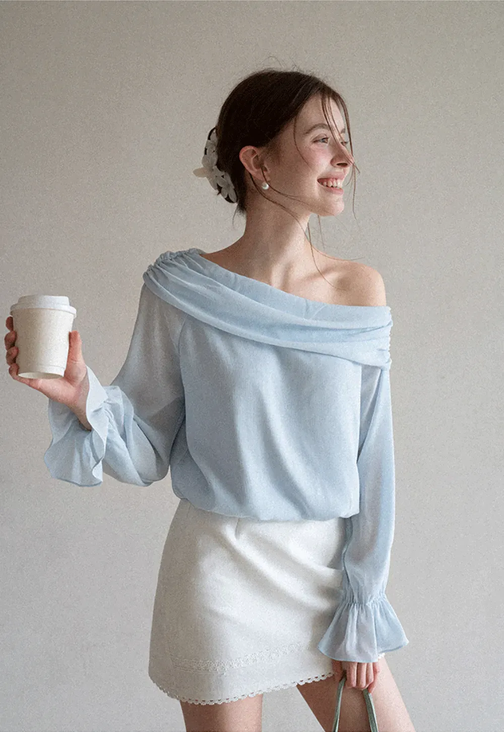 Off Shoulder Lace Chiffon Blouse with Ruffled Sleeves