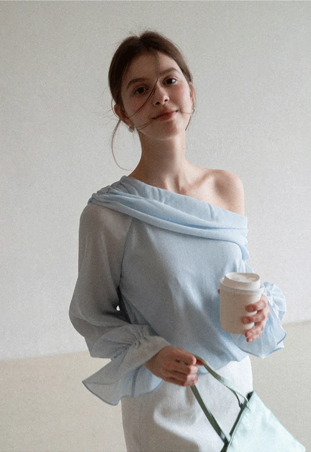 Off Shoulder Lace Chiffon Blouse with Ruffled Sleeves