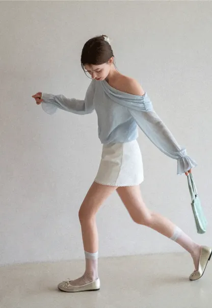 Off Shoulder Lace Chiffon Blouse with Ruffled Sleeves