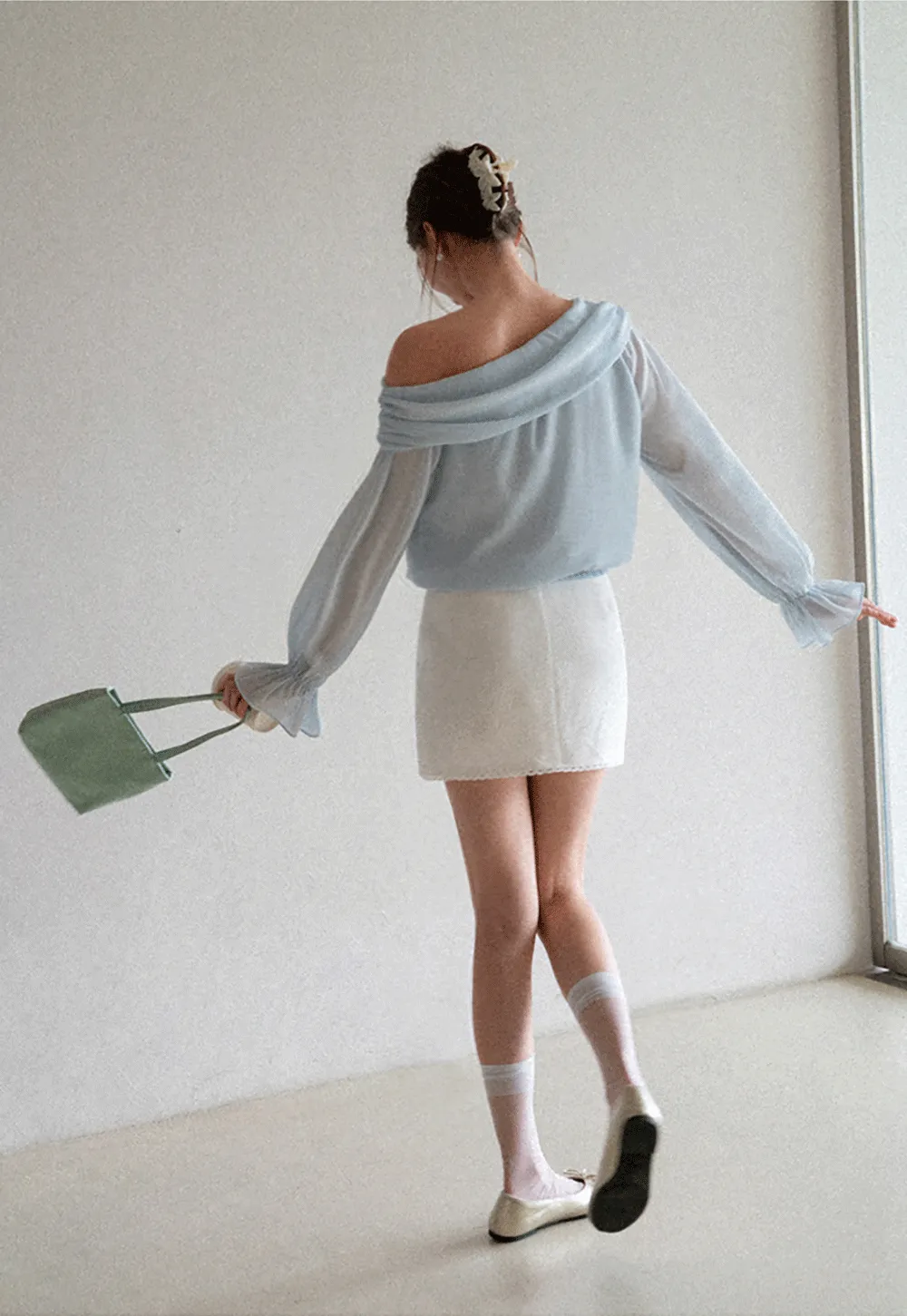 Off Shoulder Lace Chiffon Blouse with Ruffled Sleeves