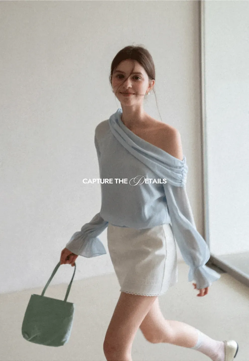 Off Shoulder Lace Chiffon Blouse with Ruffled Sleeves