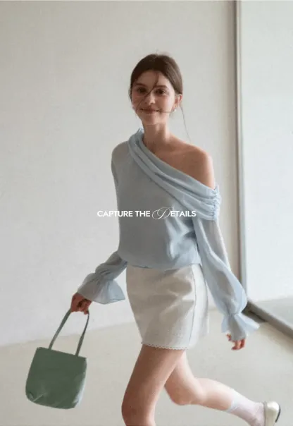 Off Shoulder Lace Chiffon Blouse with Ruffled Sleeves