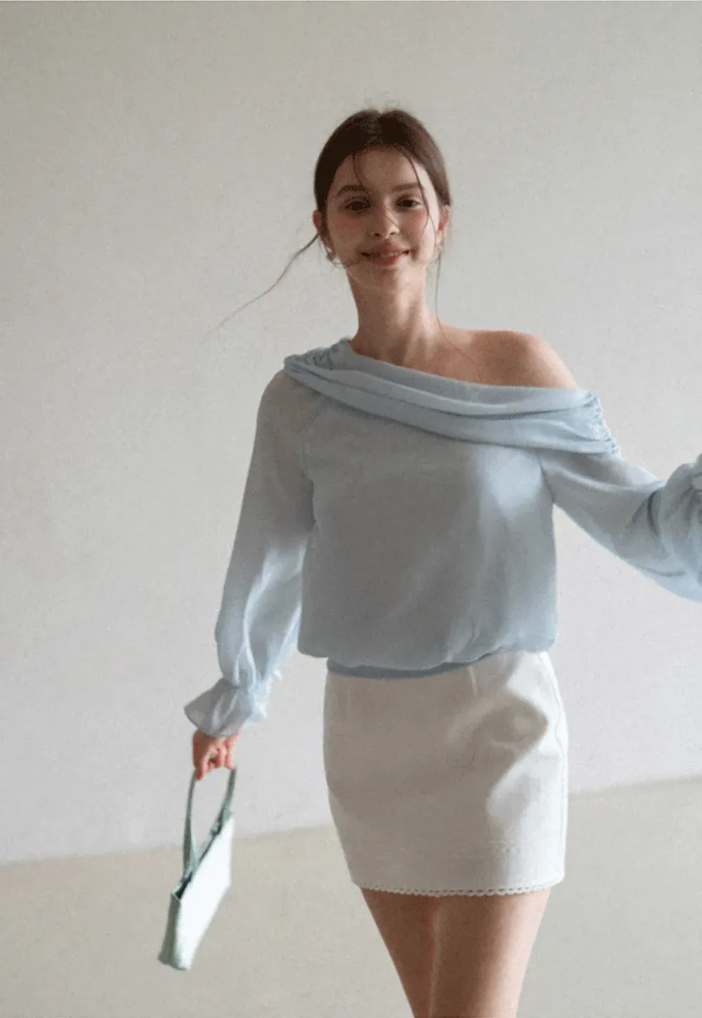 Off Shoulder Lace Chiffon Blouse with Ruffled Sleeves