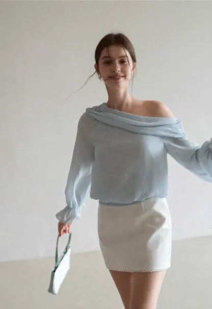 Off Shoulder Lace Chiffon Blouse with Ruffled Sleeves