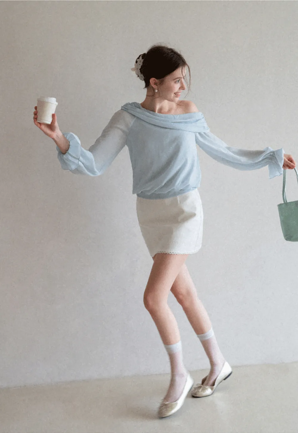 Off Shoulder Lace Chiffon Blouse with Ruffled Sleeves